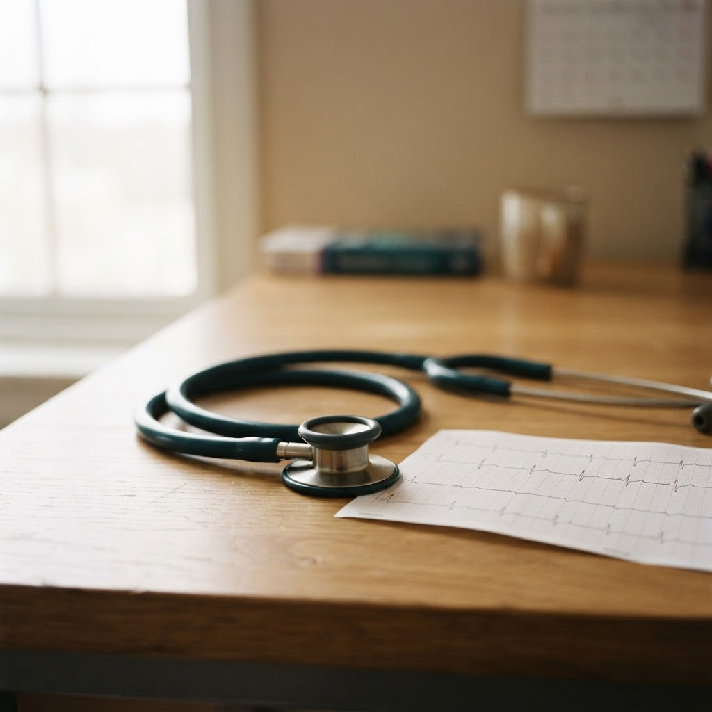 Stethoscope and printed ECG heart rhythm strip on a desk