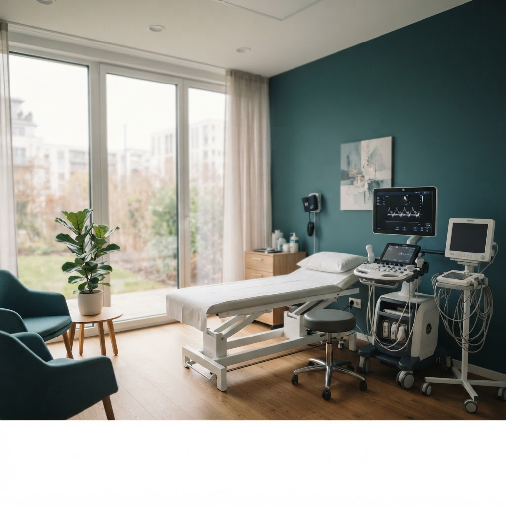 Calm, modern cardiology consultation room with diagnostic equipment